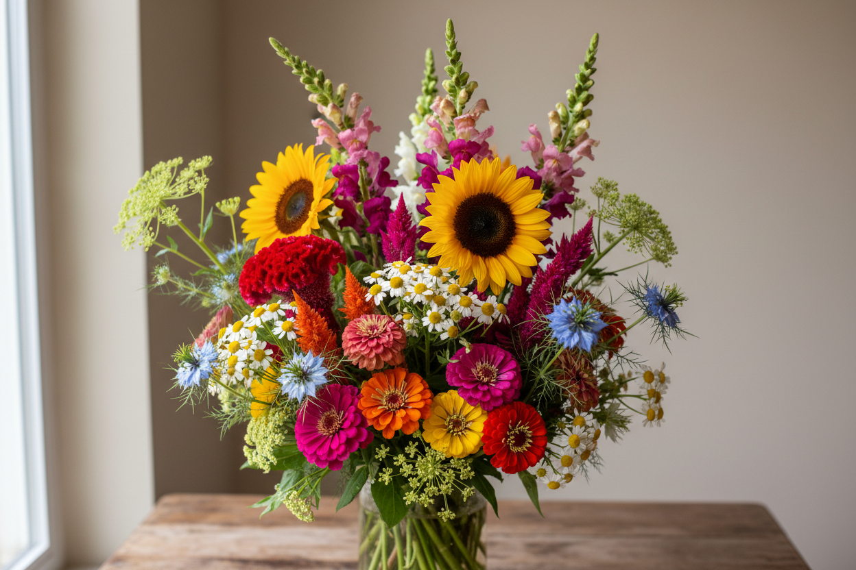 flower bouquet to include several of the following snap dragon, sunflower, celosia, fever few, buplureum, nigella, zinnia