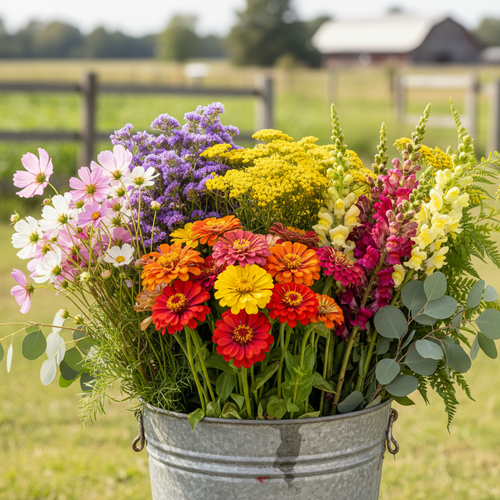 greenary with zinnias, cosmos, snapdragons, yarrow, statice